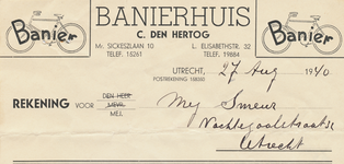 710713 Kop van een nota van het ‘Banierhuis’ (‘Banier’), C. den Hertog, Rijwielfabriek, Mr. Sickeszlaan 10 en Lange ...